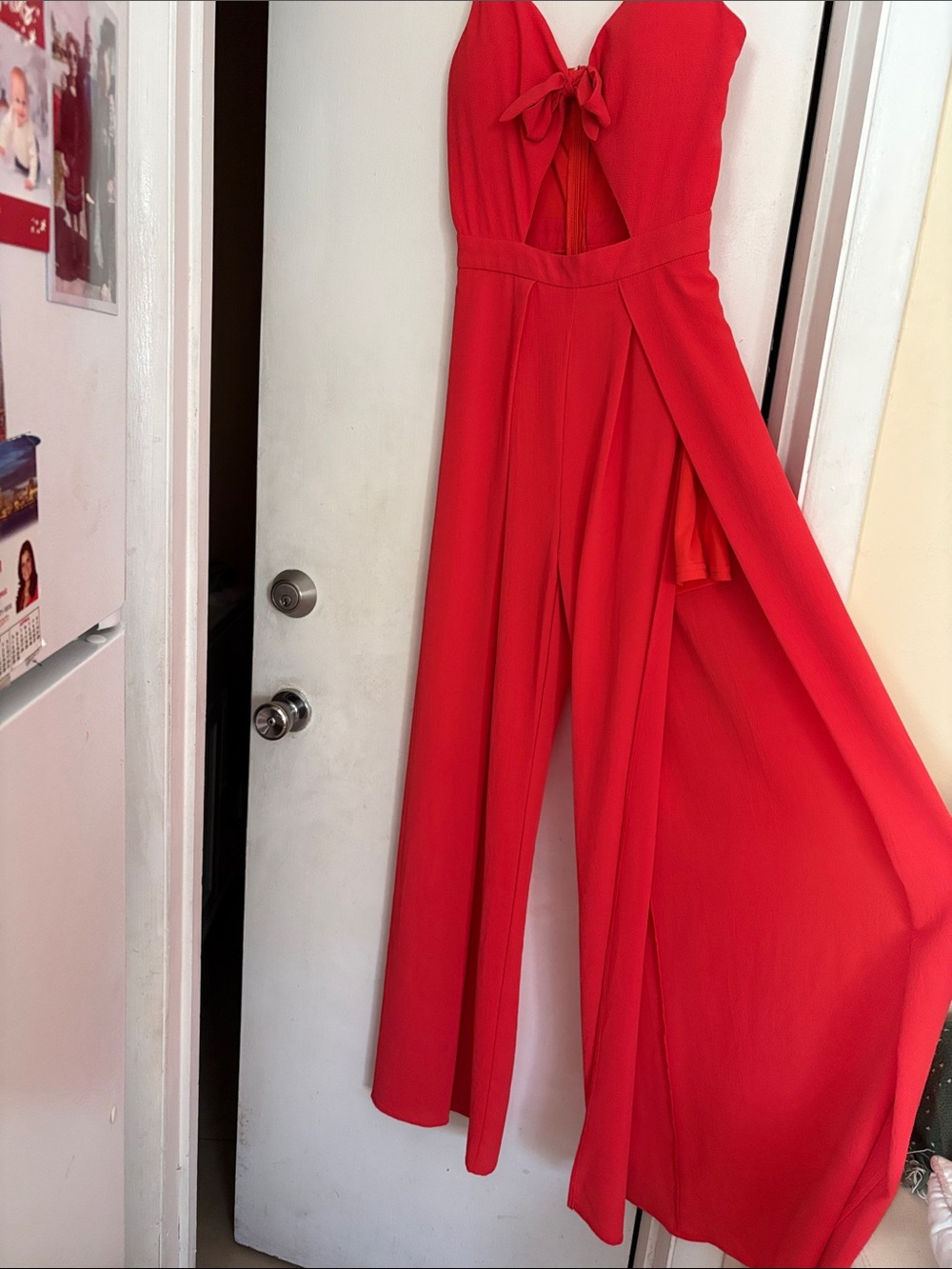 Xtaren Red Women's Wide-Leg Jumpsuit with Front Tie, size S.